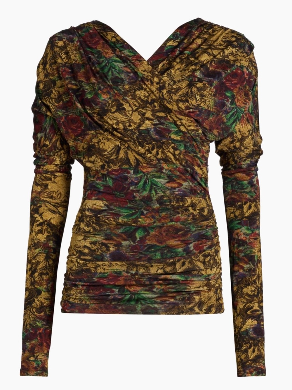 Striking Ganni Gold Floral Wrap-Style Long Sleeve Top